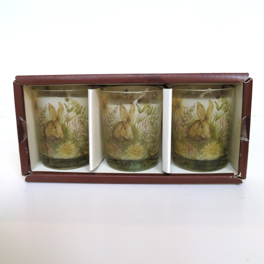 NIP Pottery Barn Bunny Rabbit‎ Easter Decoupage Votive Candles Set of 3 Floral